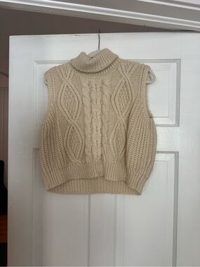 Turtleneck Cable Knit Sleeveless Sweater Vest - Cream